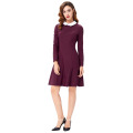 Grace Karin Frauen Stylish &amp; Slim Fit Langarm Kontrast Farbe Puppe Kragen Wein Rot A-Line Kleid CL010470-2